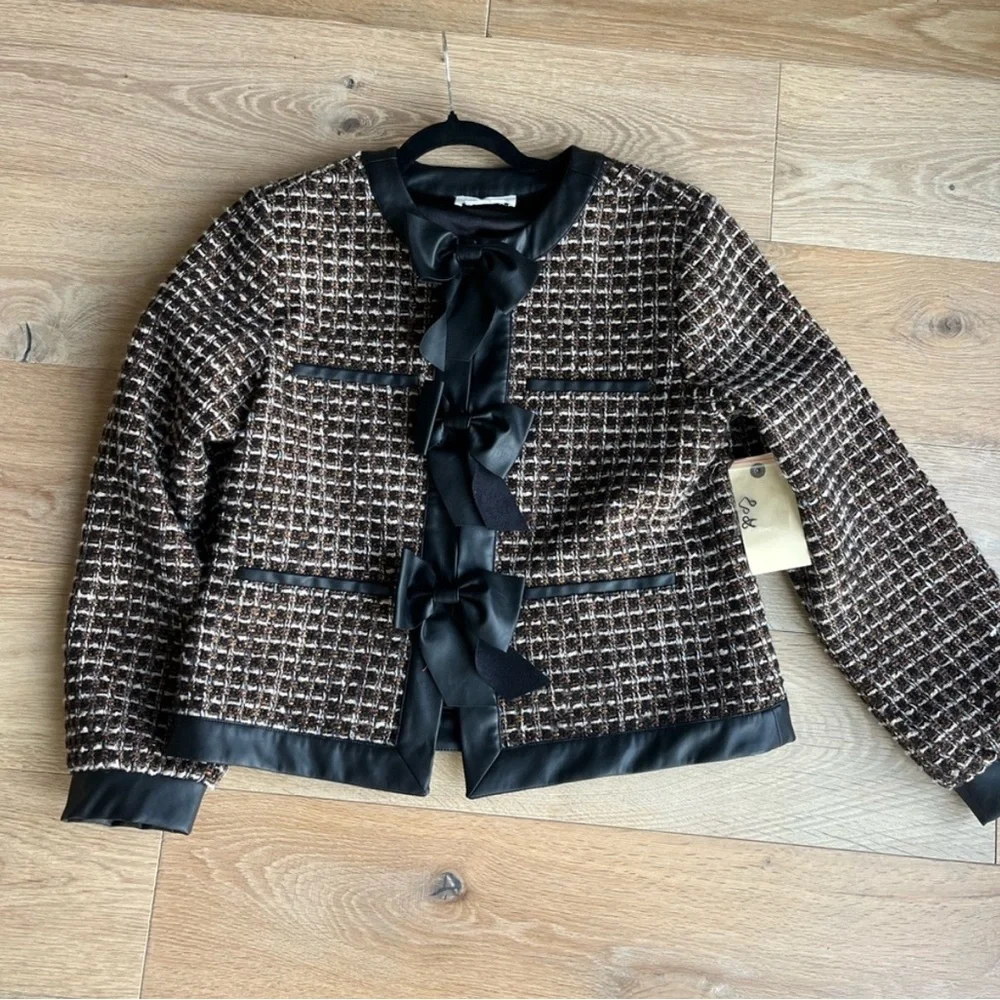 Anthropologie Tweed Vegan Leather Trimmed Jacket with bows (L) - Picture 4 of 6